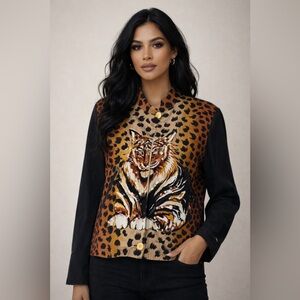 90’s VTG Diane Gilman Pure Silk Tiger Sequin Button Jacket- Size S